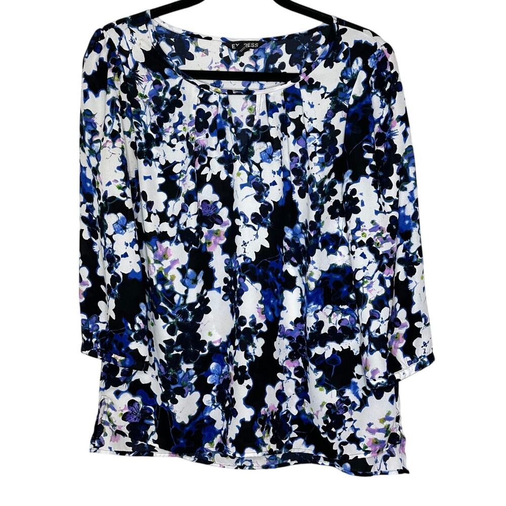 Express Black Floral 3/4 Sleeve Blouse Black Blue White Floral Office Workwear M